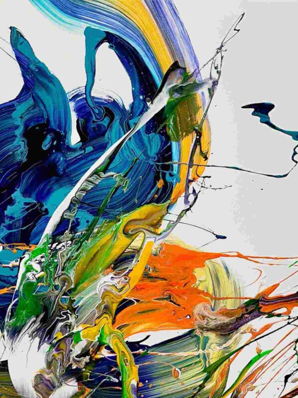Abstraktes Kunstwerk ‘Dancing in the Rain’ – blaue, grüne und orange Schwünge mit Spritzern