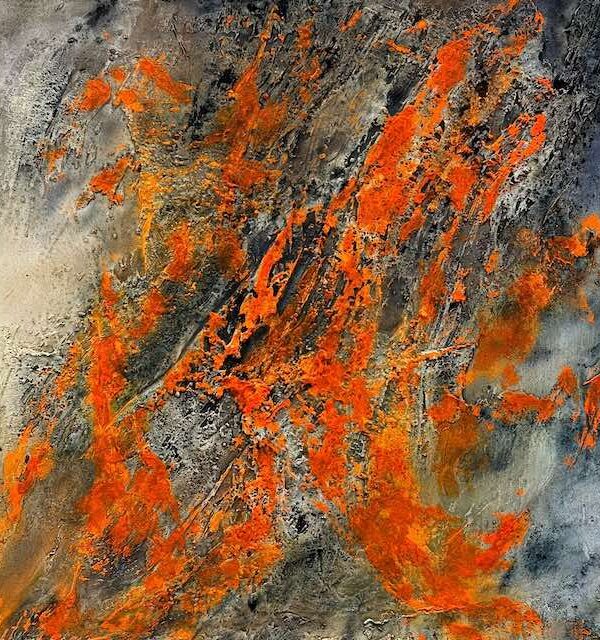Abstraktes Acrylbild in Rot und Orange mit kraftvollen Bewegungen