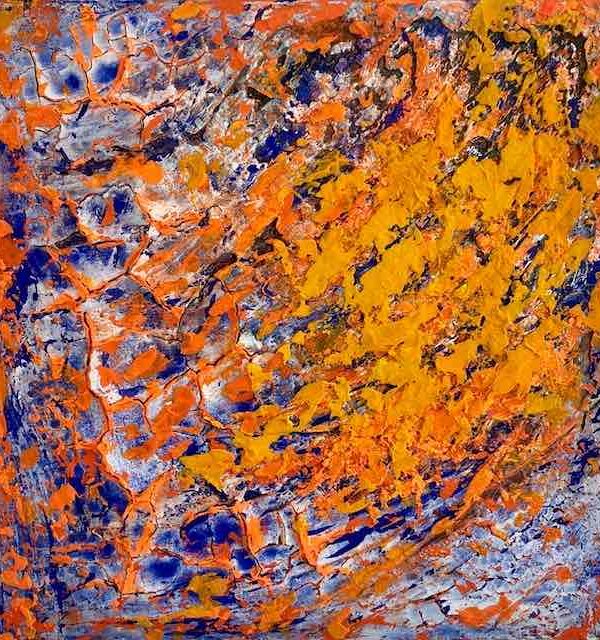 Sommerliches Bild in Mischtechnik in leuchtenden Farben – Pink, Orange und Gelb in Bewegung