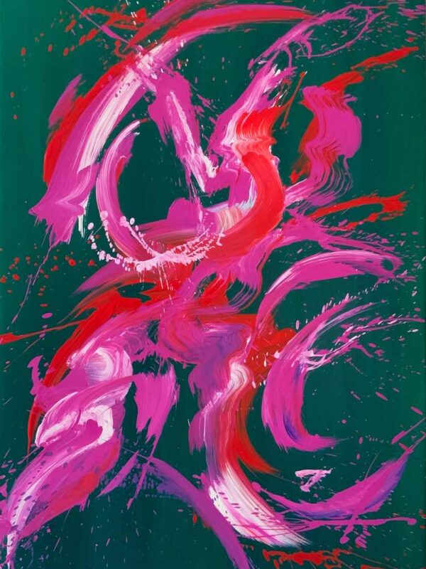 ‘Comic Dancer I No. 2’ – abstrakte pinke Figur in Öl auf grünem Hintergrund