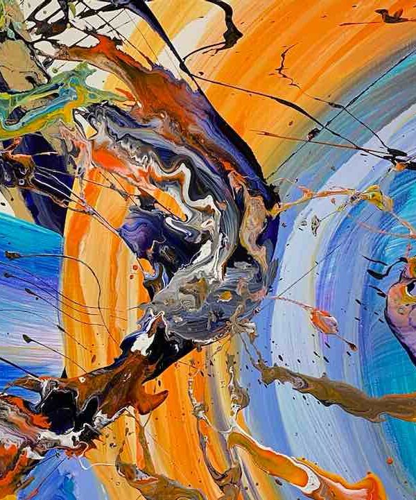 Abstraktes Gemälde ‘Happiness’ in Orange und Blau – Originalkunst von Claudia Botz