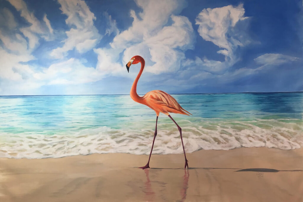 Realistische Malerei Flamingo stolziert am Meer